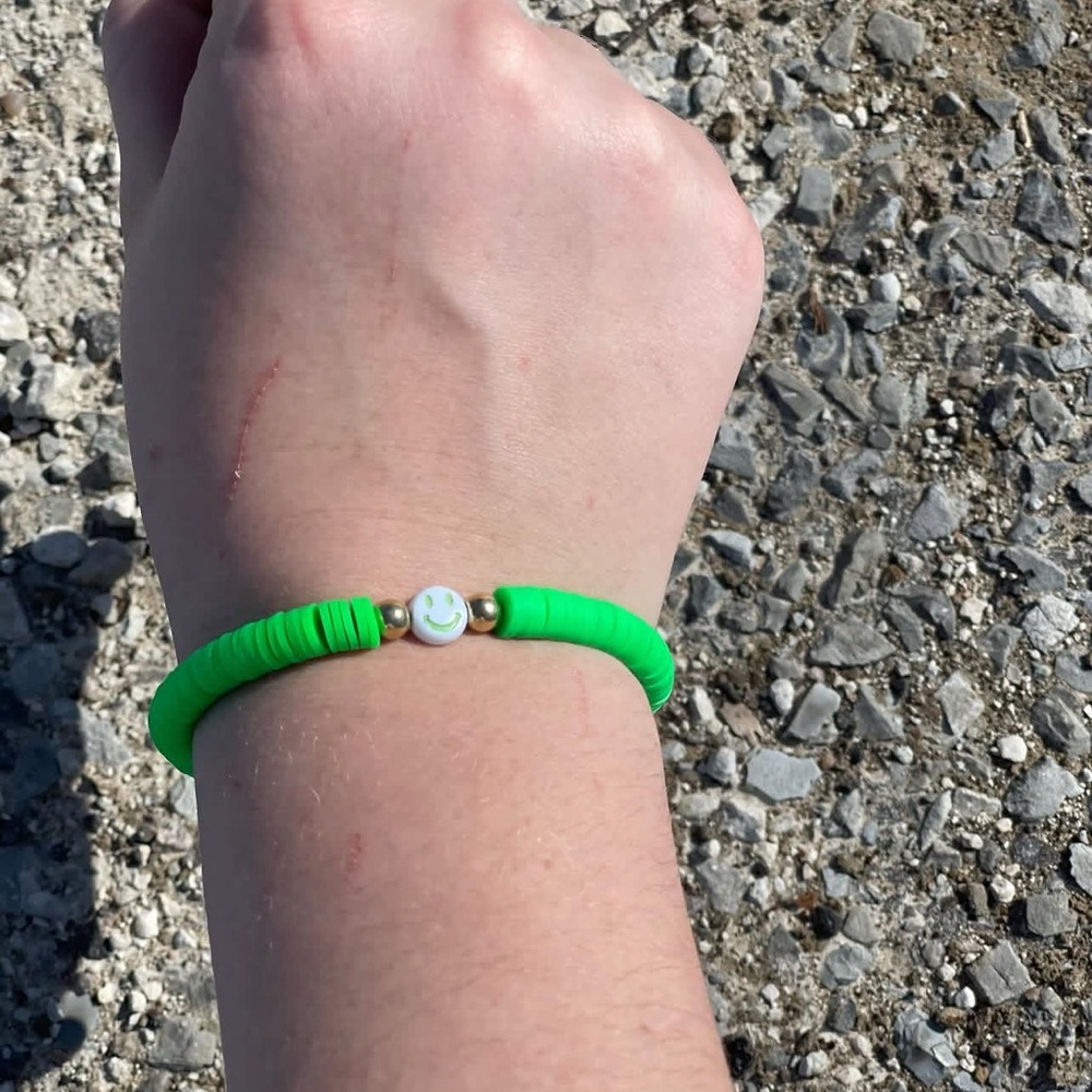 Neon Green Beaded Bracelet with Smiley Charm